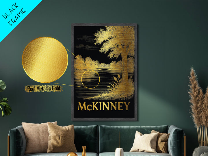 McKinney Texas art, Metallic Gold Art, Housewarming Gift, Metal Art, Wood Framed Art, Newlywed Travel Gift