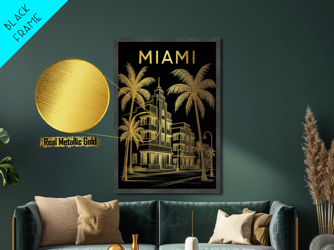 Miami Florida travel, Metallic Gold Print, Closing Gift, Metal Art, Wood Framed Art, Anniversary Travel Gift
