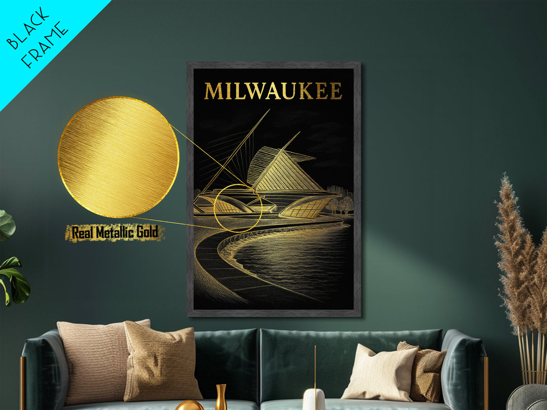 Milwaukee Wisconsin travel, Metallic Gold Print, College Dorm Décor, Metal Art, Wood Framed Art, Graduation Travel Gift