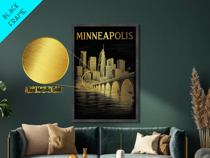 Minneapolis Minnesota travel, Metallic Gold Print, Modern Skyline Wall Print, Metal Art, Wood Framed Art, Adventure Lover Gift