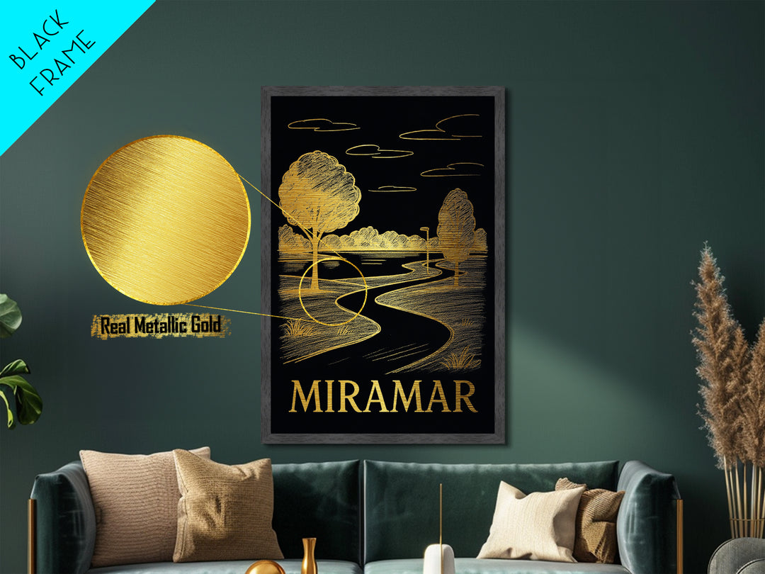 Miramar Florida art, Metallic Gold Art, Office Decor, Metal Art, Wood Framed Art, Graduation Travel Gift