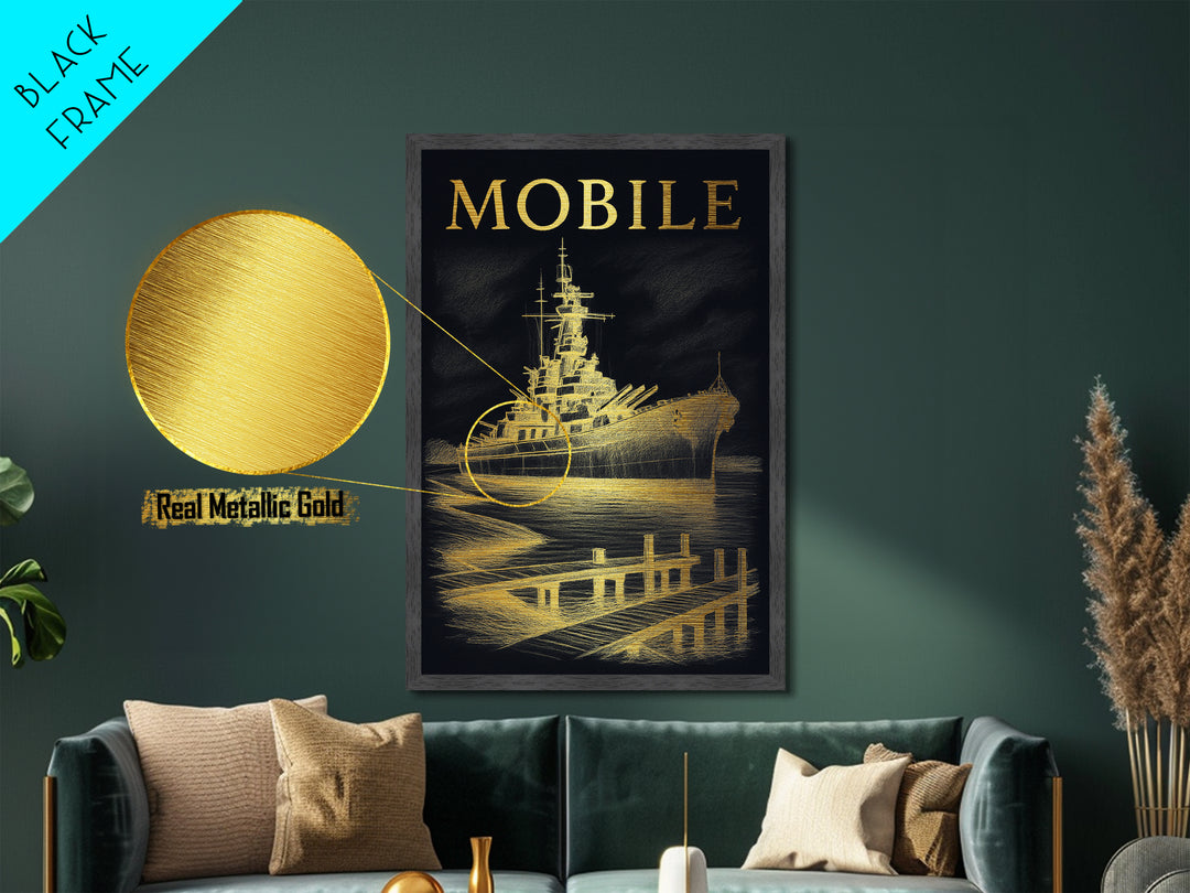 Mobile Alabama travel, Metallic Gold Print, Modern House Art, Metal Art, Wood Framed Art, Wanderlust Gift