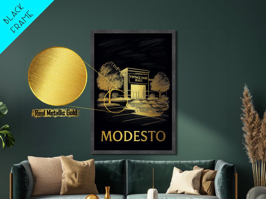 Modesto California art, Metallic Gold Art, Modern House Art, Metal Art, Wood Framed Art, Graduation Travel Gift