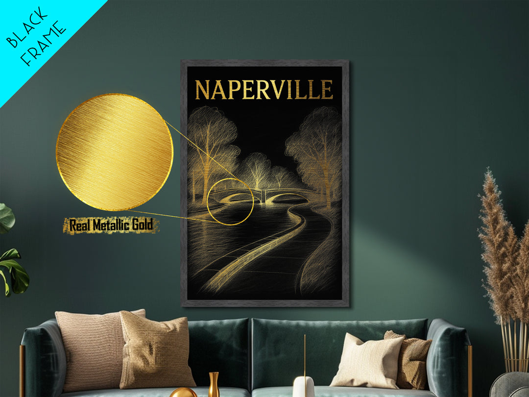 Naperville Illinois travel, Metallic Gold Print, College Dorm Décor, Metal Art, Wood Framed Art, Graduation Travel Gift, Traveler Gift