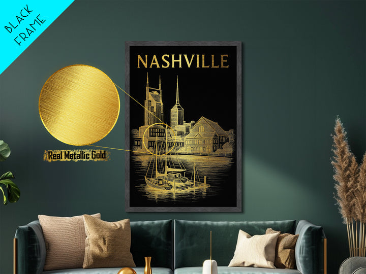 Nashville Tennessee travel, Metallic Gold Print, Modern Skyline Wall Print, Metal Art, Wood Framed Art, Adventure Lover Gift, Travel Gift
