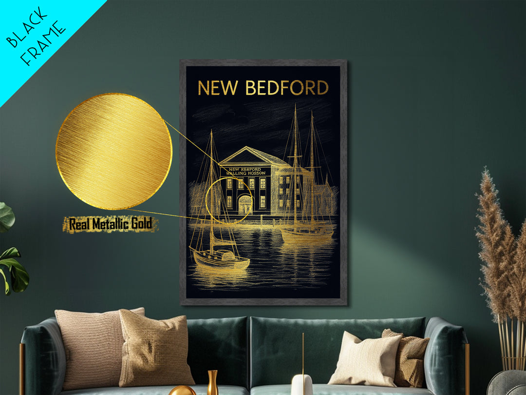 New Bedford Massachusetts art, Metallic Gold Art, Modern House Art, Metal Art, Wood Framed Art, Graduation Travel Gift, Travel Gift