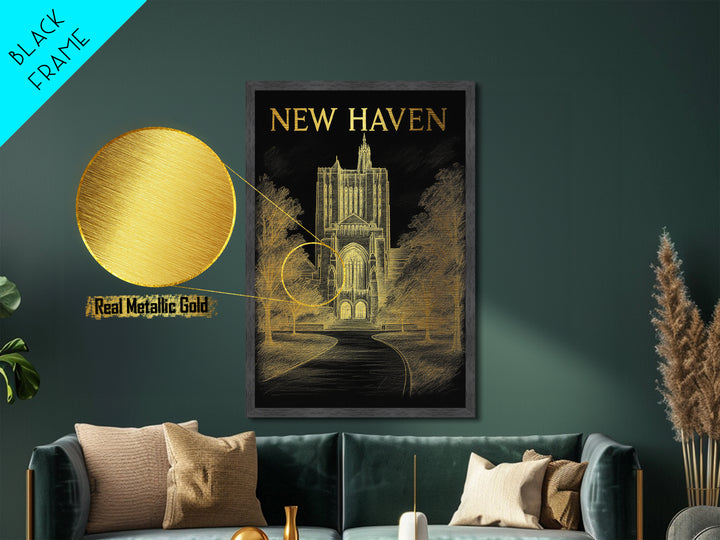 New Haven Connecticut art, Metallic Gold Art, Housewarming Gift, Metal Art, Wood Framed Art, Newlywed Travel Gift, Honeymoon Gift