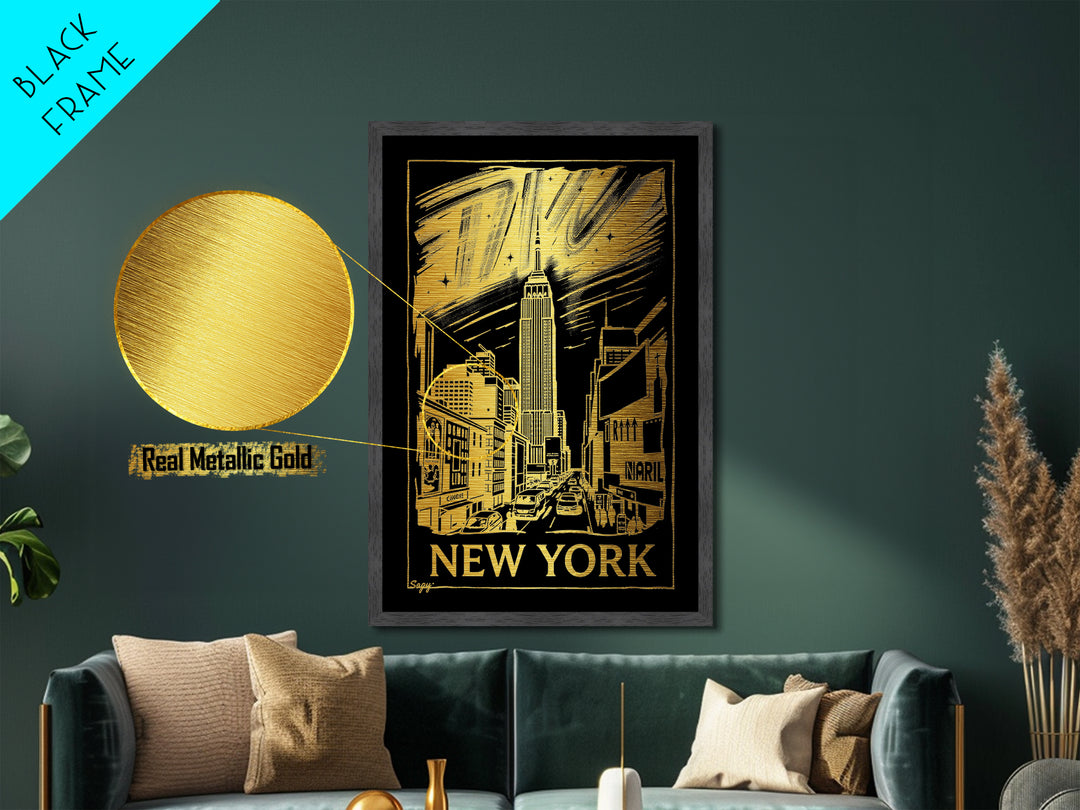 New York New York travel, Metallic Gold Print, Modern Skyline Wall Print, Metal Art, Wood Framed Art, Adventure Lover Gift, Travel Gift
