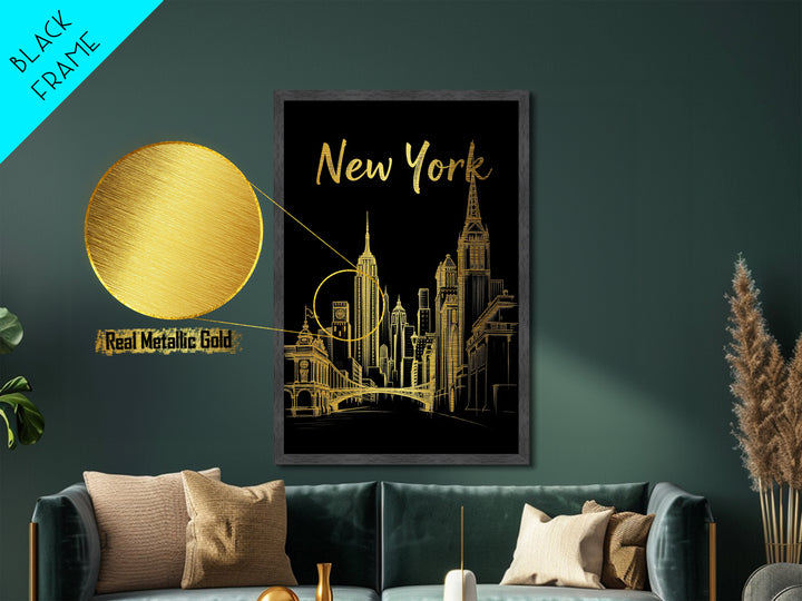 New York New York art, Metallic Gold Art, Housewarming Gift, Metal Art, Wood Framed Art, Newlywed Travel Gift, Honeymoon Gift