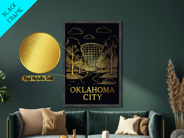 Oklahoma City Oklahoma art, metallic gold, wood framed art, white and gold, Metal Art, Office Decor, Metallic Gold Art
