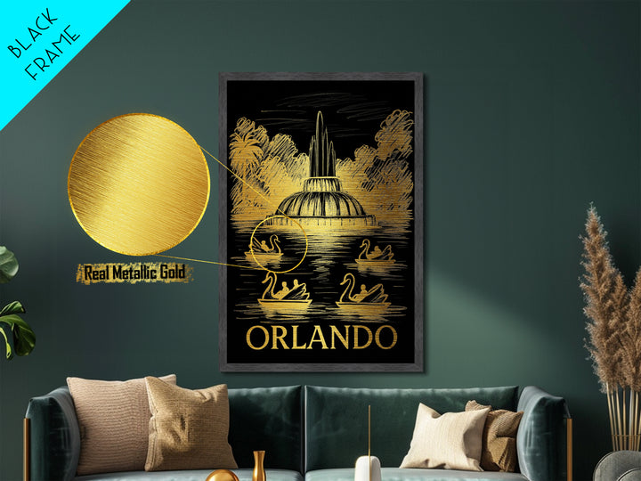 Orlando Florida art, Metallic Gold Art, Office Decor, Metal Art, Wood Framed Art, Graduation Travel Gift, Destination Gift