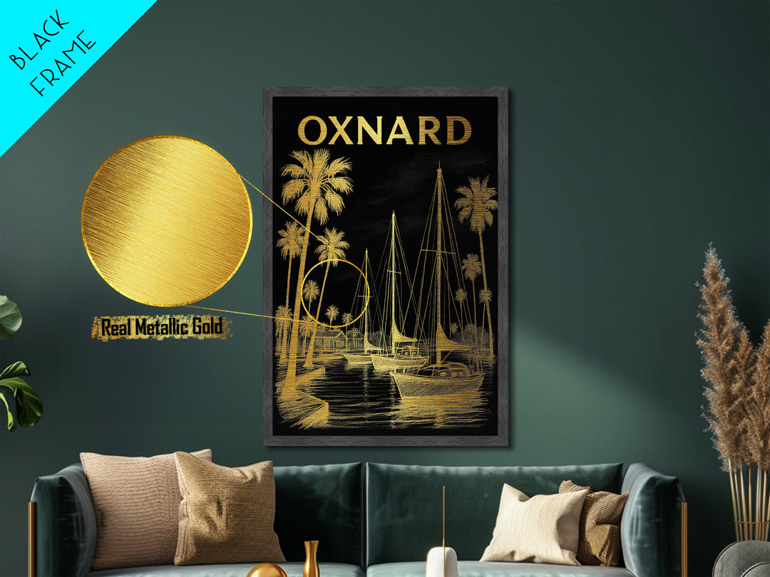 Oxnard California travel, Metallic Gold Print, Modern House Art, Metal Art, Wood Framed Art, Traveler Gift, Destination Gift