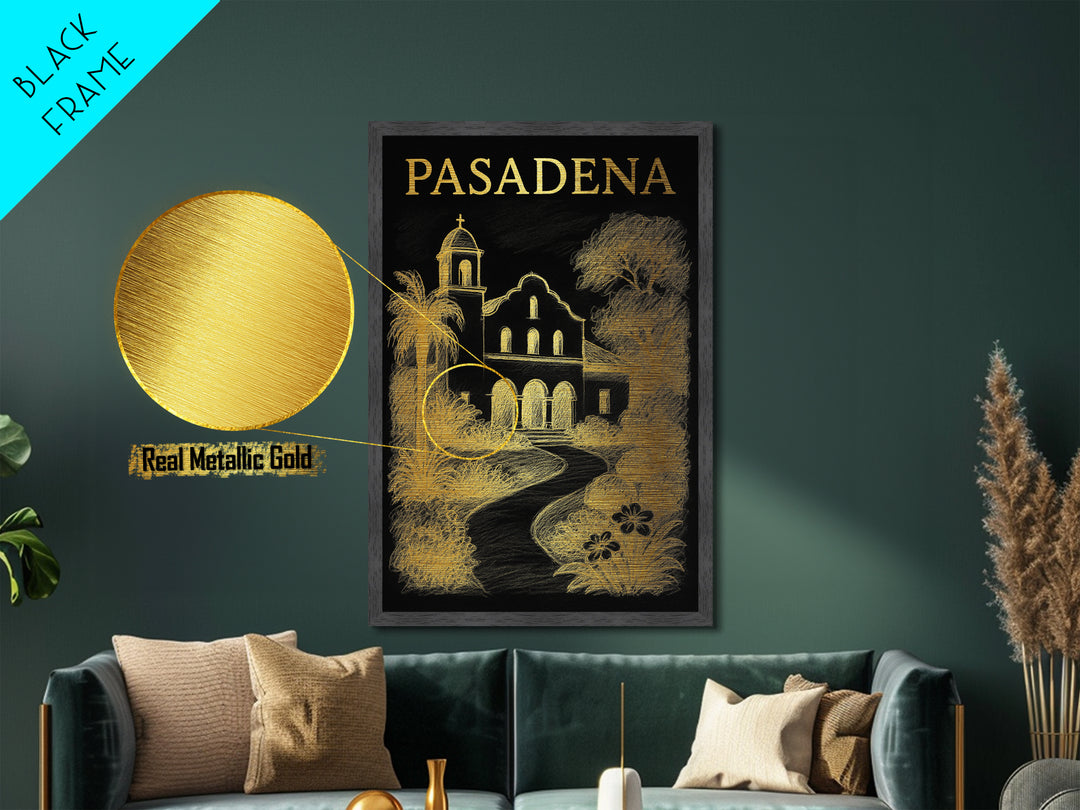 Pasadena California travel, Metallic Gold Print, Closing Gift, Metal Art, Wood Framed Art, Anniversary Travel Gift, Retirement Travel Gift