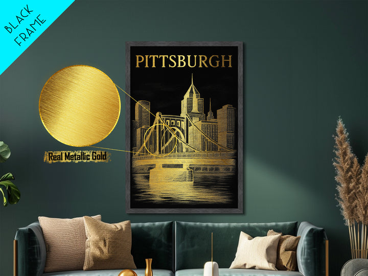 Pittsburgh Pennsylvania travel, Metallic Gold Print, Modern Skyline Wall Print, Metal Art, Wood Framed Art, Adventure Lover Gift