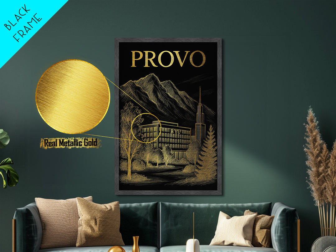 Provo Utah travel, Metallic Gold Print, Modern House Art, Metal Art, Wood Framed Art, Wanderlust Gift, Travel Art Prints