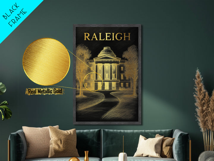 Raleigh North Carolina travel, Metallic Gold Print, Modern Skyline Wall Print, Metal Art, Wood Framed Art, Adventure Lover Gift, Travel Gift