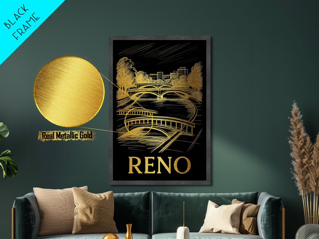 Reno Nevada art, Metallic Gold Art, Travel Art Prints, Metal Art, Wood Framed Art, Adventure Lover Gift, Traveler Gift