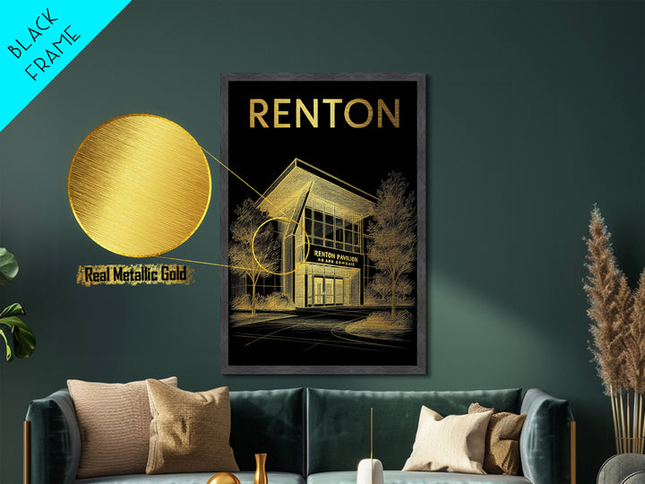 Renton Washington travel, Metallic Gold Print, Modern House Art, Metal Art, Wood Framed Art, Traveler Gift, Destination Gift
