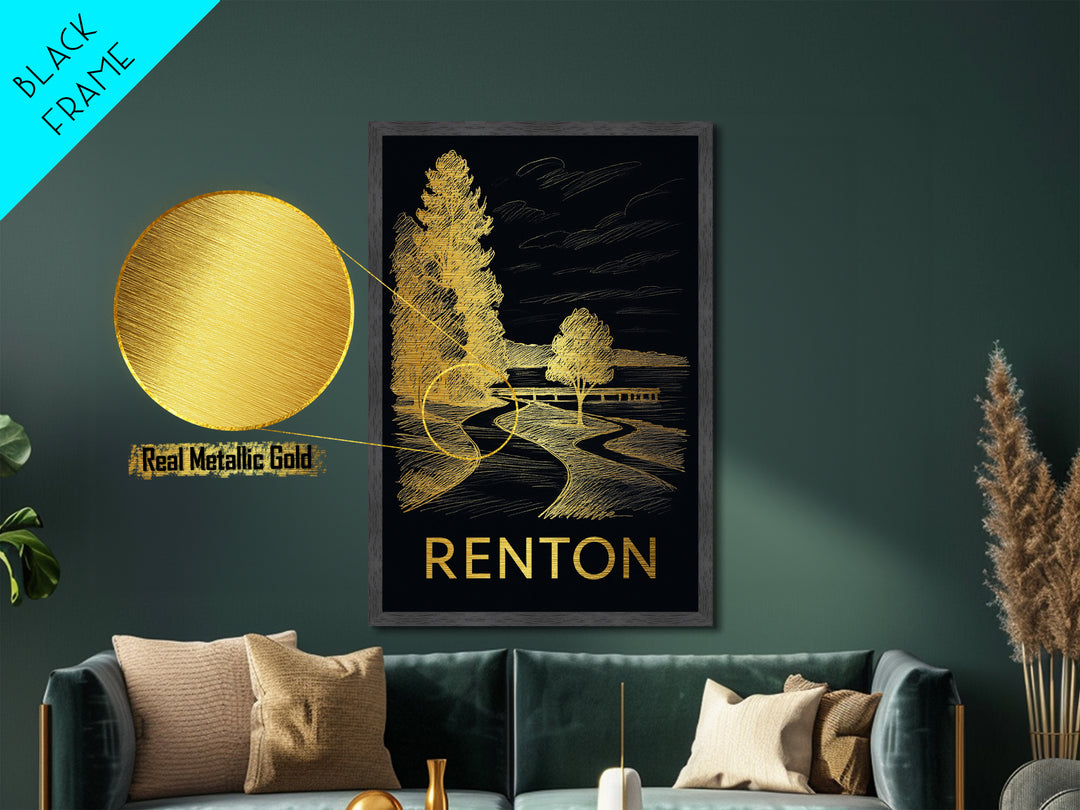 Renton Washington art, Metallic Gold Art, Modern House Art, Metal Art, Wood Framed Art, Graduation Travel Gift, Travel Gift