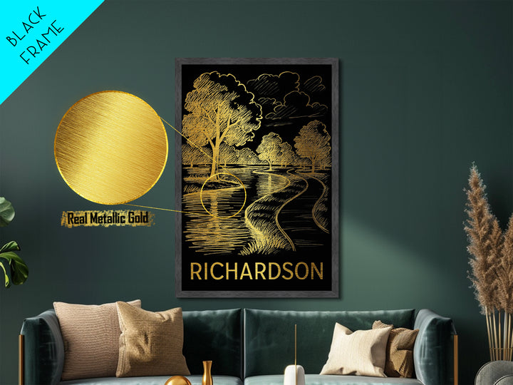 Richardson Texas art, Metallic Gold Art, Housewarming Gift, Metal Art, Wood Framed Art, Newlywed Travel Gift, Honeymoon Gift