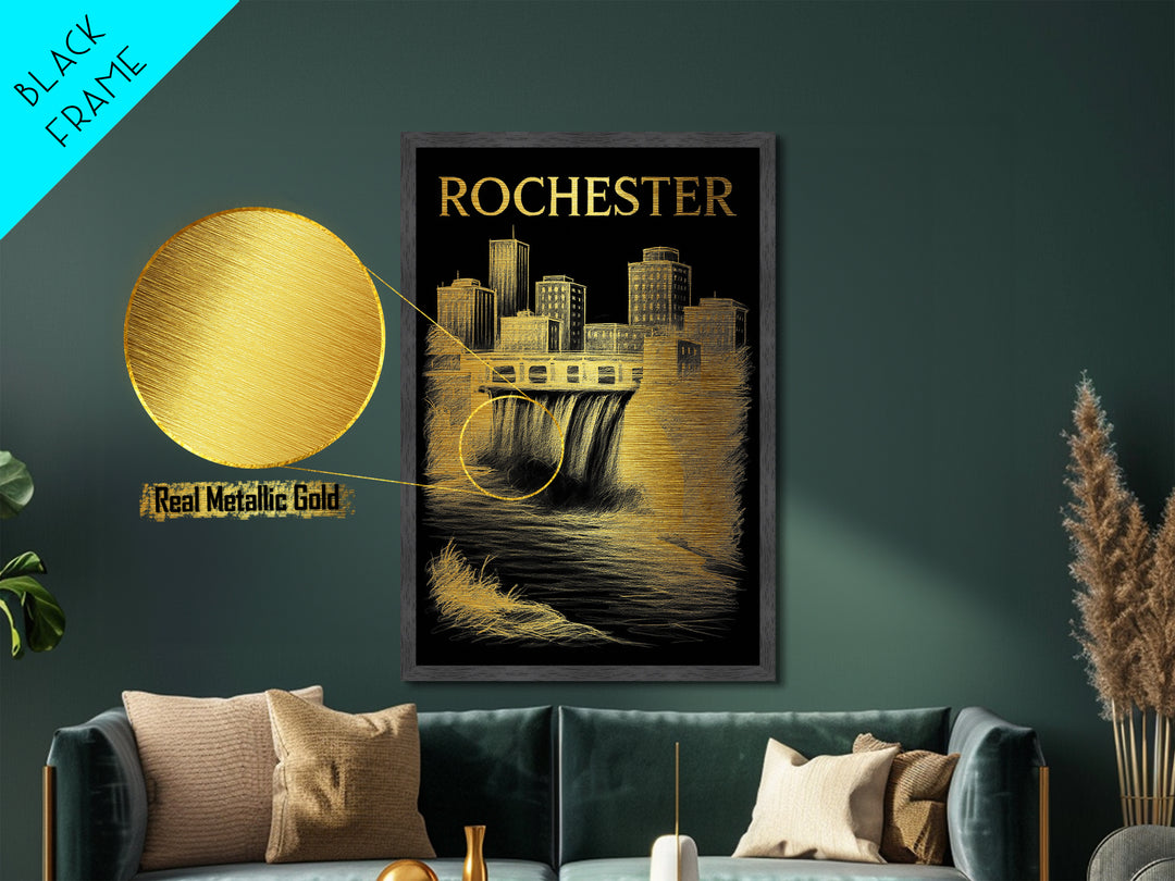 Rochester New York travel, Metallic Gold Print, Modern Skyline Wall Print, Metal Art, Wood Framed Art, Adventure Lover Gift, Travel Gift