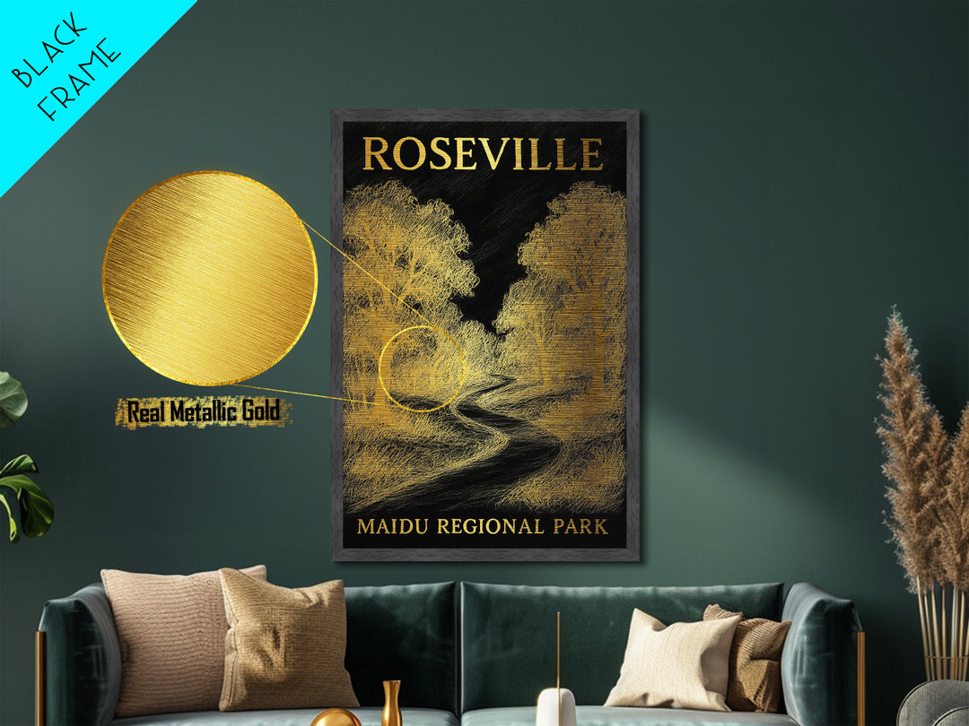 Roseville California travel, Metallic Gold Print, Modern House Art, Metal Art, Wood Framed Art, Traveler Gift, Destination Gift