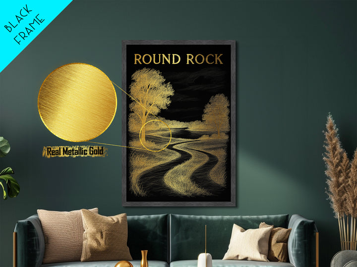 Round Rock Texas travel, Metallic Gold Print, College Dorm Décor, Metal Art, Wood Framed Art, Graduation Travel Gift, Traveler Gift
