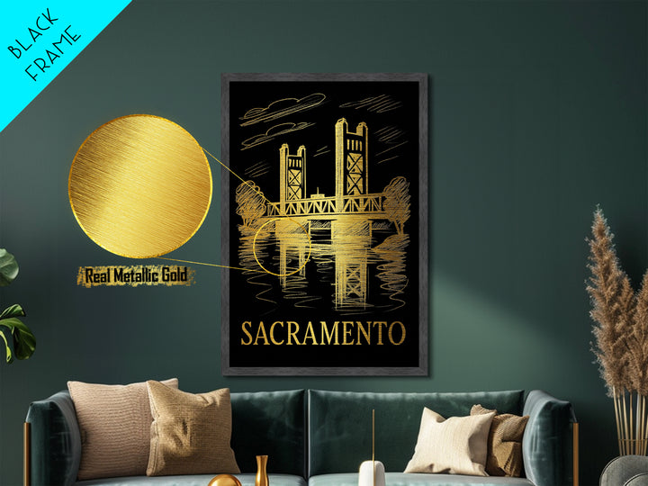Sacramento California art, Metallic Gold Art, Housewarming Gift, Metal Art, Wood Framed Art, Newlywed Travel Gift, Honeymoon Gift