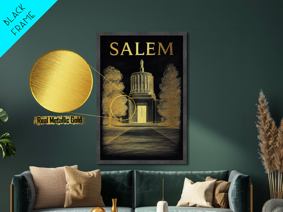 Salem Oregon travel, Metallic Gold Print, Modern House Art, Metal Art, Wood Framed Art, Wanderlust Gift, Travel Art Prints