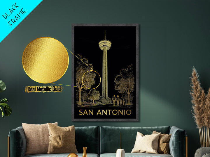 San Antonio Texas art, Metallic Gold Art, Housewarming Gift, Metal Art, Wood Framed Art, Newlywed Travel Gift, Honeymoon Gift