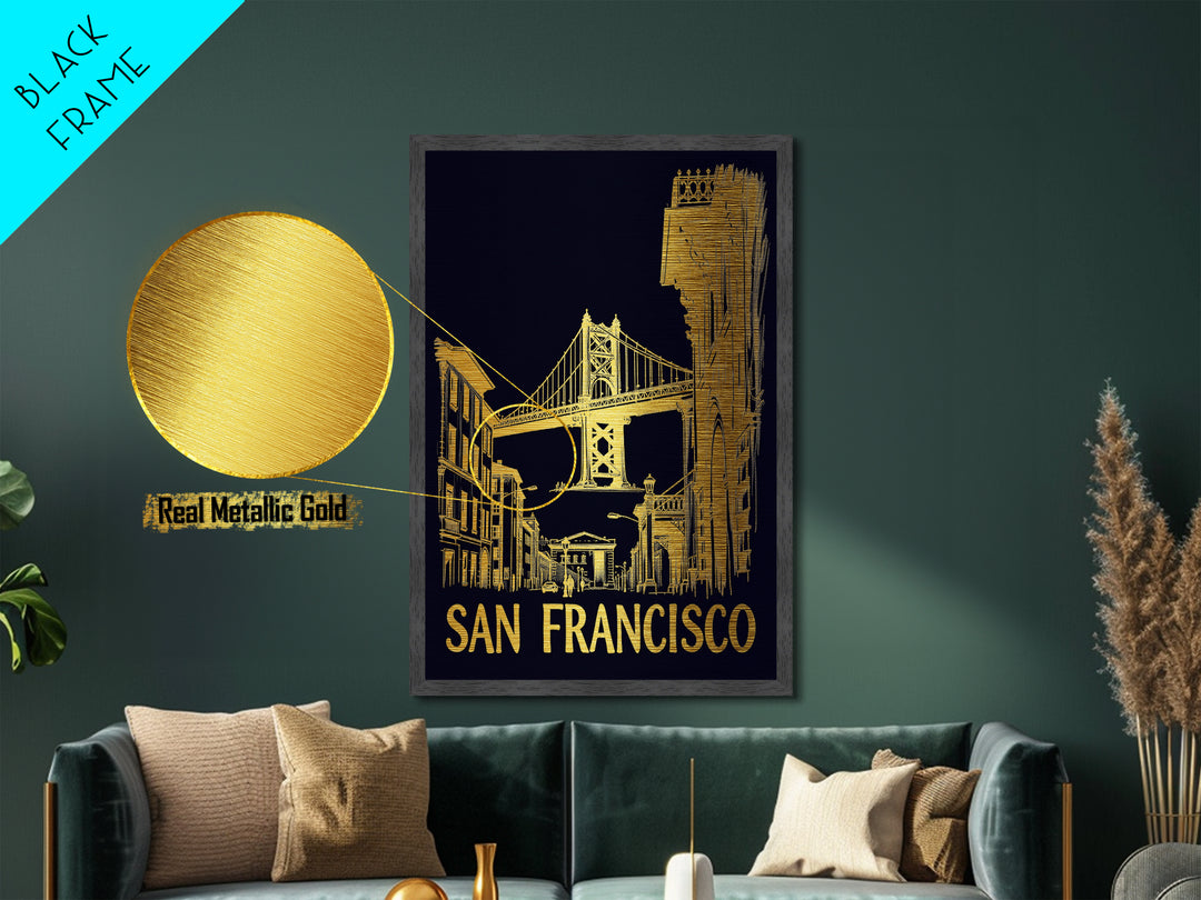 San Francisco California travel, Metallic Gold Print, College Dorm Décor, Metal Art, Wood Framed Art, Graduation Travel Gift, Traveler Gift