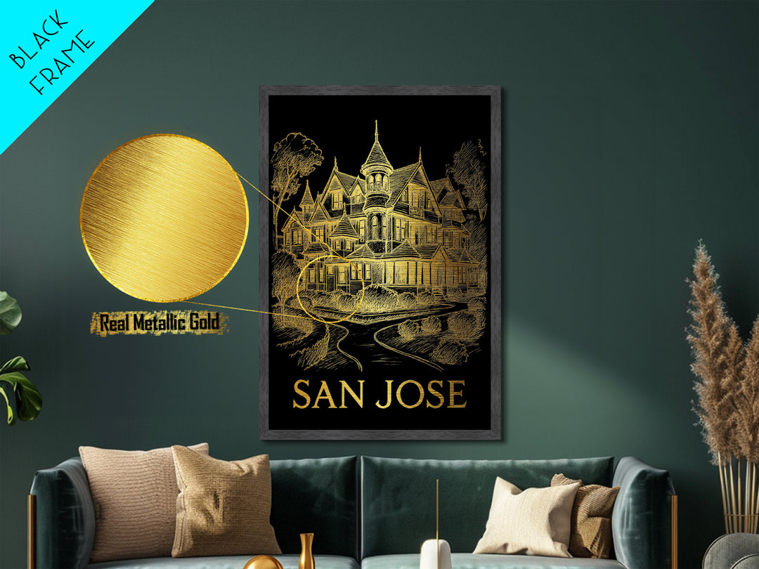 San Jose California art, Metallic Gold Print, Closing Gift, Metal Art, Wood Framed Art, Anniversary Travel Gift, Retirement Gift