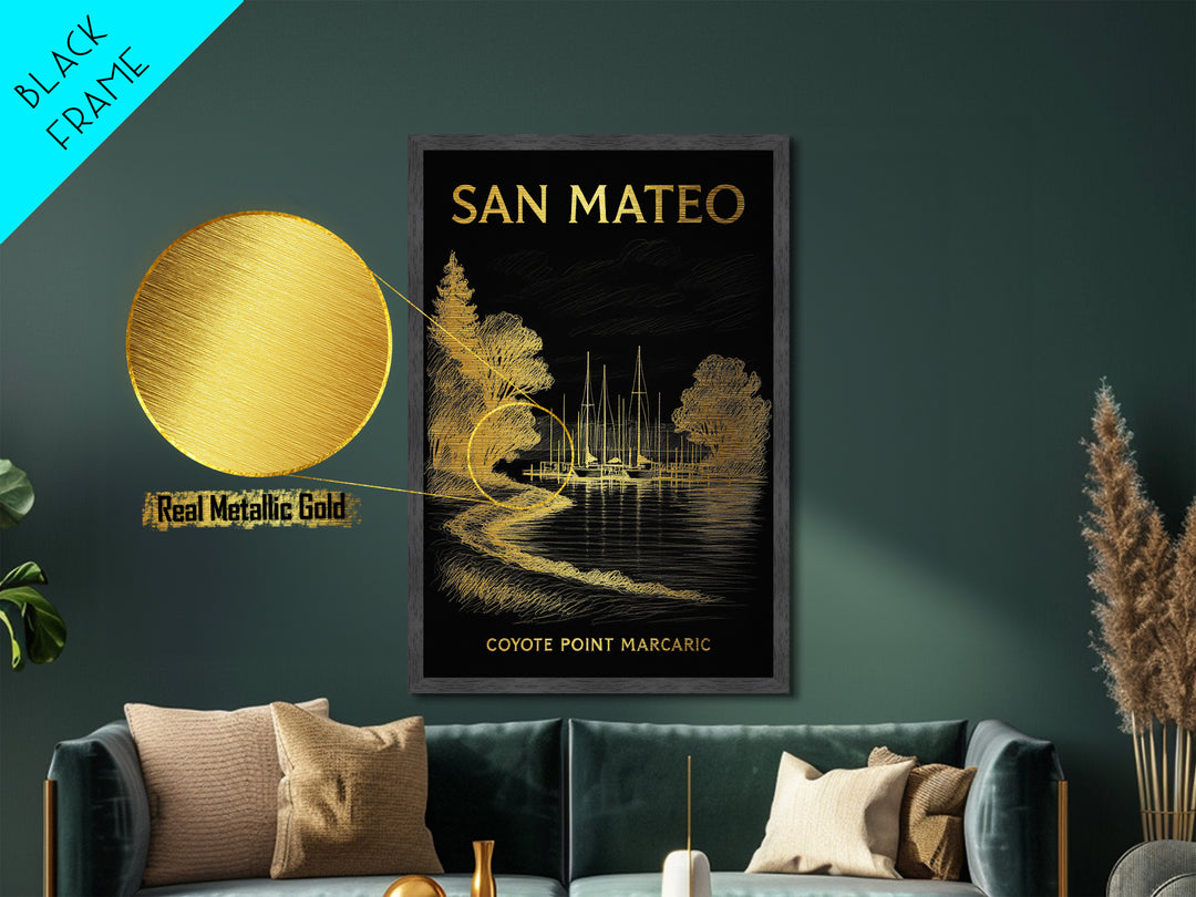 San Mateo California travel, Metallic Gold Print, Office Decor, Metal Art, Wood Framed Art, Graduation Travel Gift, Destination Gift