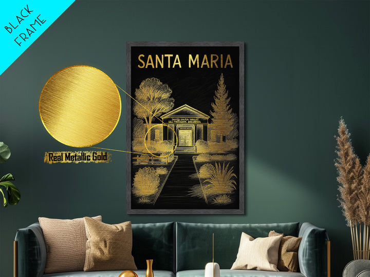 Santa Maria California travel, Metallic Gold Print, Closing Gift, Metal Art, Wood Framed Art, Anniversary Travel Gift, Retirement Gift