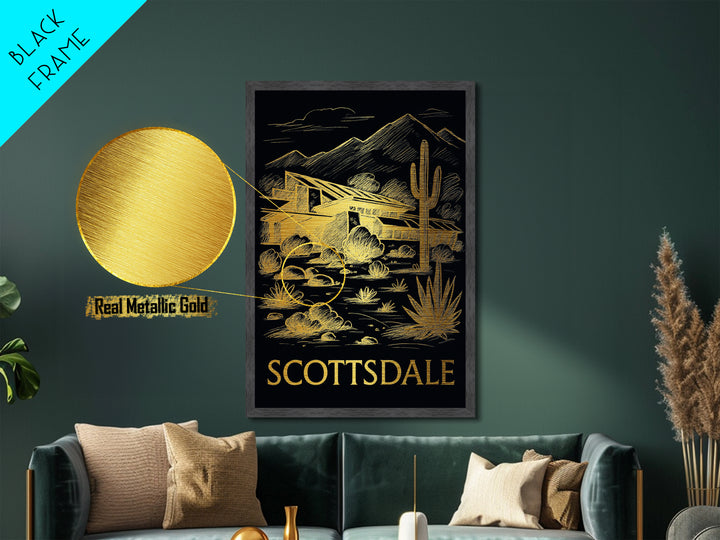 Scottsdale Arizona art, Metallic Gold Print, Modern Skyline Wall Print, Metal Art, Wood Framed Art, Adventure Lover Gift, Travel Gift
