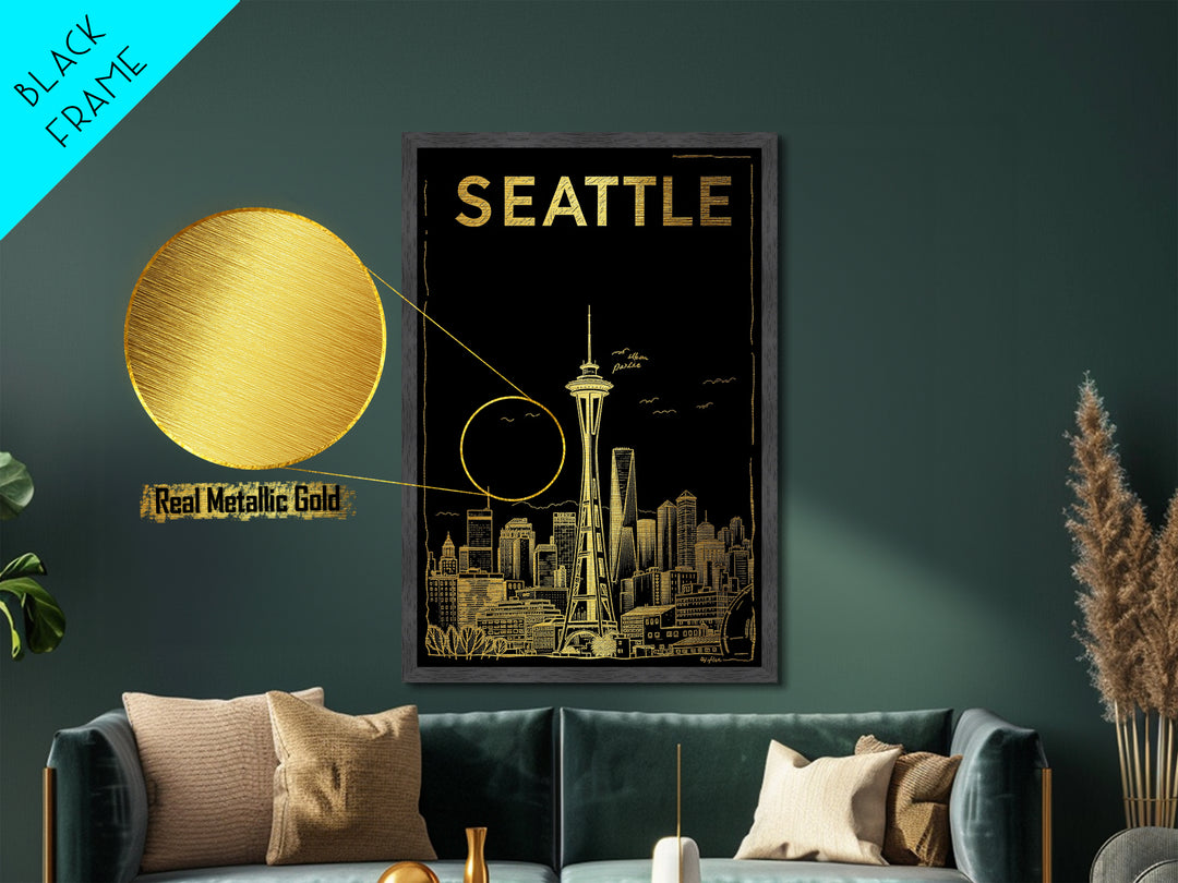 Seattle Washington travel, Metallic Gold Art, Housewarming Gift, Metal Art, Wood Framed Art, Newlywed Travel Gift, Honeymoon Gift