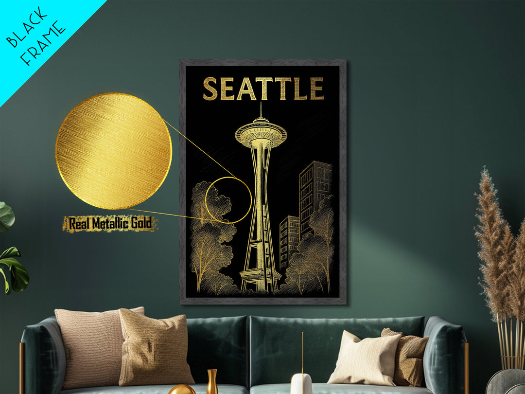 Seattle Washington travel, Metallic Gold Art, Office Decor, Metal Art, Wood Framed Art, Graduation Travel Gift, Destination Gift