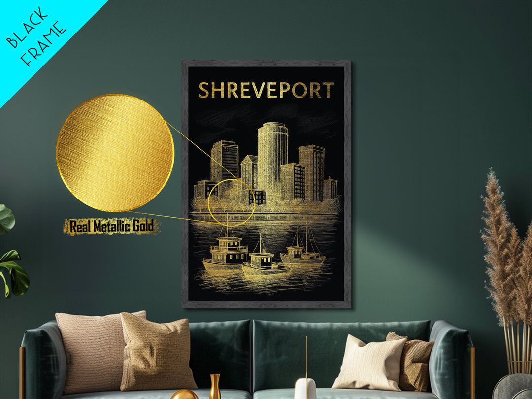 Shreveport Louisiana travel, Metallic Gold Print, Modern House Art, Metal Art, Wood Framed Art, Wanderlust Gift, Travel Art Prints