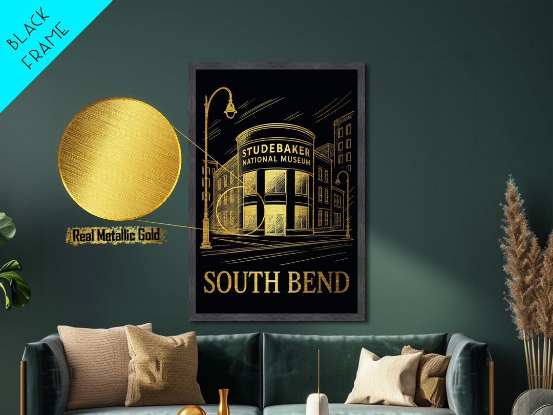 South Bend Indiana art, Metallic Gold Art, Housewarming Gift, Metal Art, Wood Framed Art, Newlywed Travel Gift, Honeymoon Gift