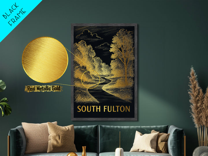 South Fulton Georgia art, Metallic Gold Art, Office Decor, Metal Art, Wood Framed Art, Graduation Travel Gift, Destination Gift