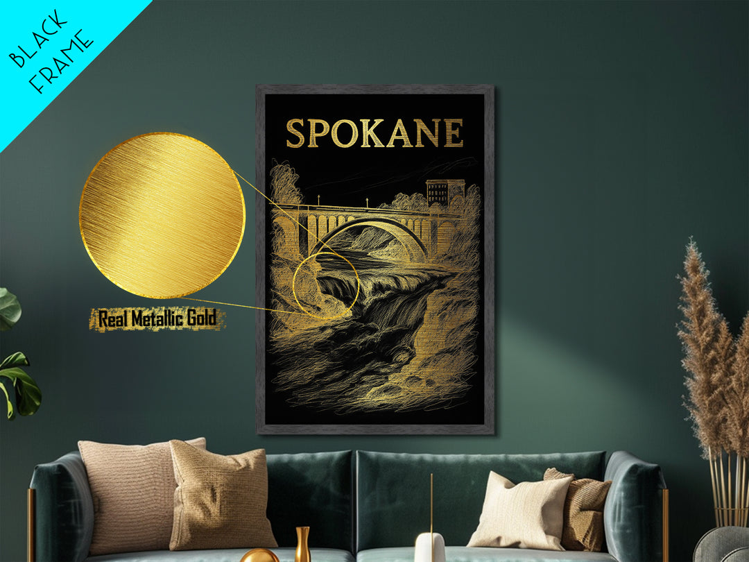 Spokane Washington travel, Metallic Gold Print, Modern House Art, Metal Art, Wood Framed Art, Traveler Gift, Destination Gift