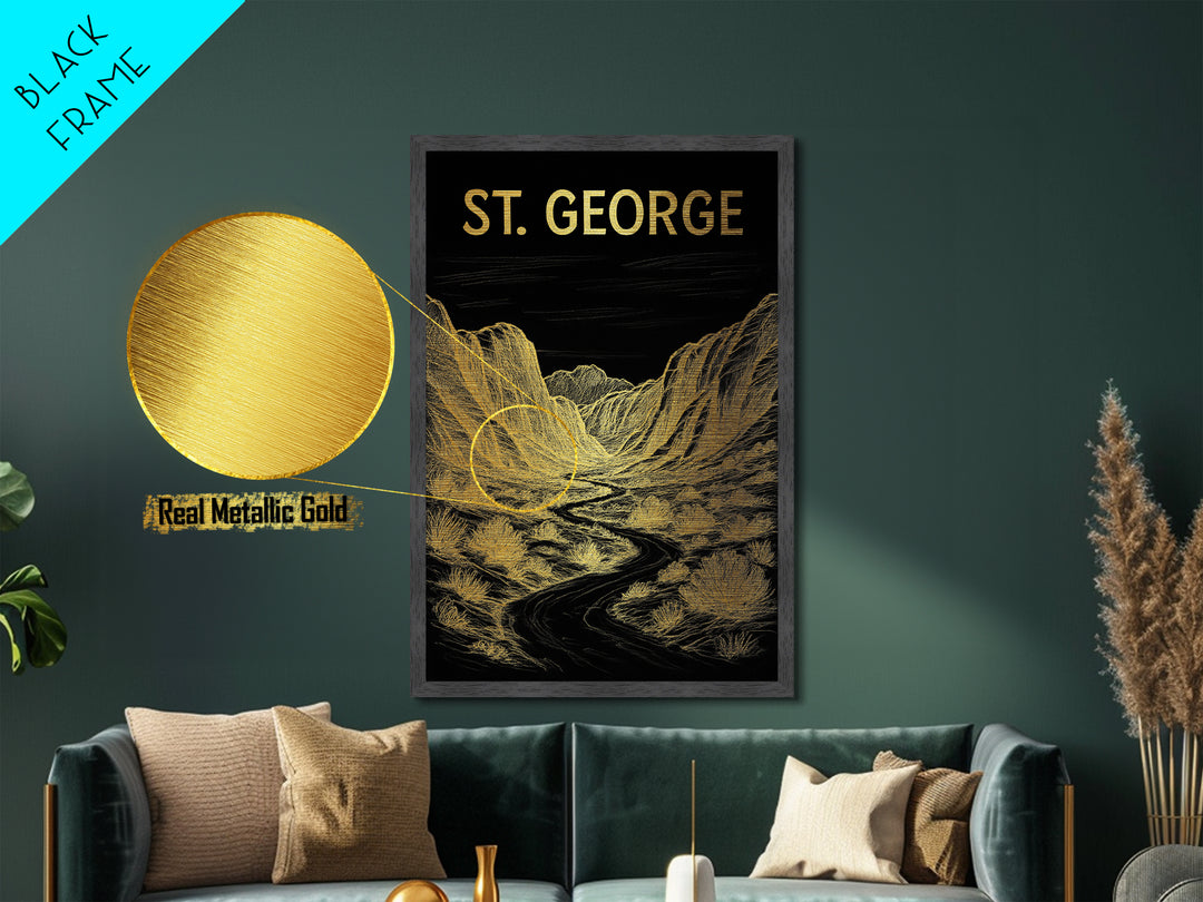 St. George Utah travel, Metallic Gold Print, Modern Skyline Wall Print, Metal Art, Wood Framed Art, Adventure Lover Gift, Travel Gift