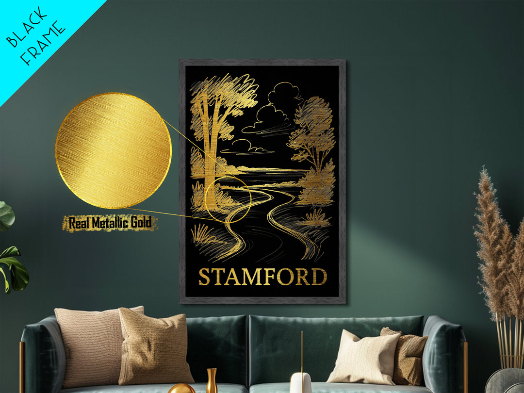 Stamford Connecticut art, Metallic Gold Art, Modern House Art, Metal Art, Wood Framed Art, Graduation Travel Gift, Travel Wall Decor