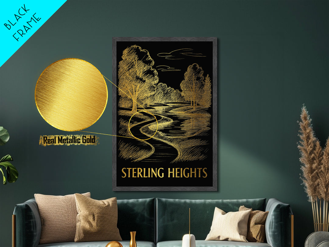 Sterling Heights Michigan art, Metallic Gold Art, Best Friend Gifts, Metal Art, Wood Framed Art, Birthday Travel Gift, Destination Gift