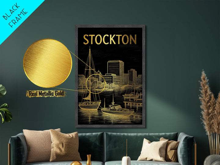 Stockton California travel, Metallic Gold Print, Modern House Art, Metal Art, Wood Framed Art, Wanderlust Gift, Travel Art Prints