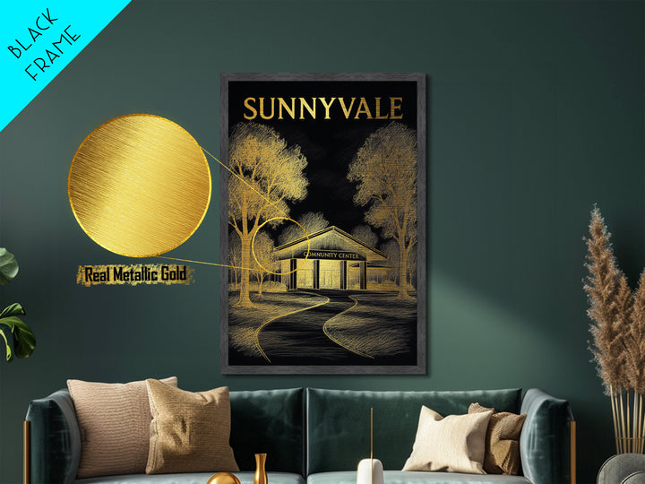 Sunnyvale California travel, Metallic Gold Print, Modern Skyline Wall Print, Metal Art, Wood Framed Art, Adventure Lover Gift, Travel Gift