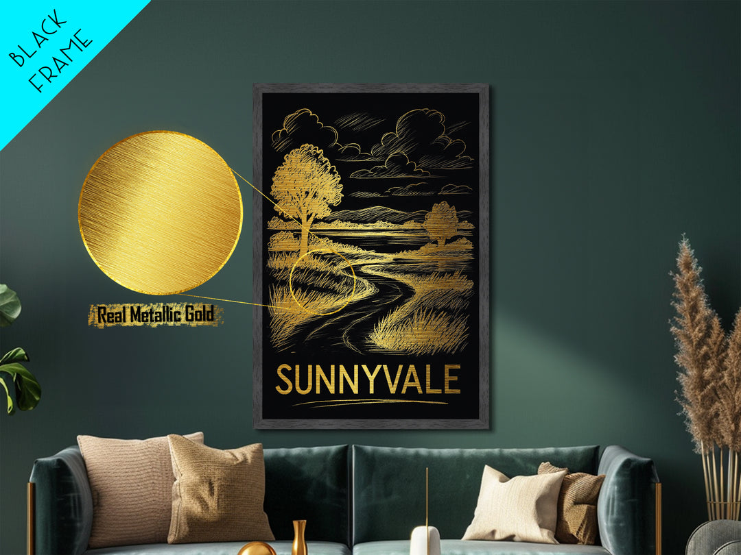 Sunnyvale California art, Metallic Gold Art, Housewarming Gift, Metal Art, Wood Framed Art, Newlywed Travel Gift, Honeymoon Gift