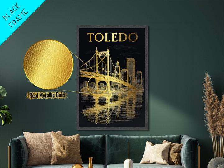 Toledo Ohio travel, Metallic Gold Print, Modern Skyline Wall Print, Metal Art, Wood Framed Art, Adventure Lover Gift, Travel Gift