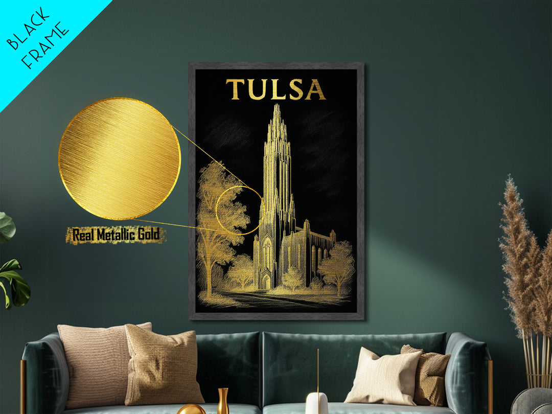Tulsa Oklahoma travel, Metallic Gold Print, College Dorm Décor, Metal Art, Wood Framed Art, Graduation Travel Gift, Traveler Gift