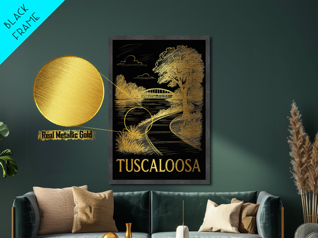 Tuscaloosa Alabama art, Metallic Gold Art, Housewarming Gift, Metal Art, Wood Framed Art, Newlywed Travel Gift, Honeymoon Gift